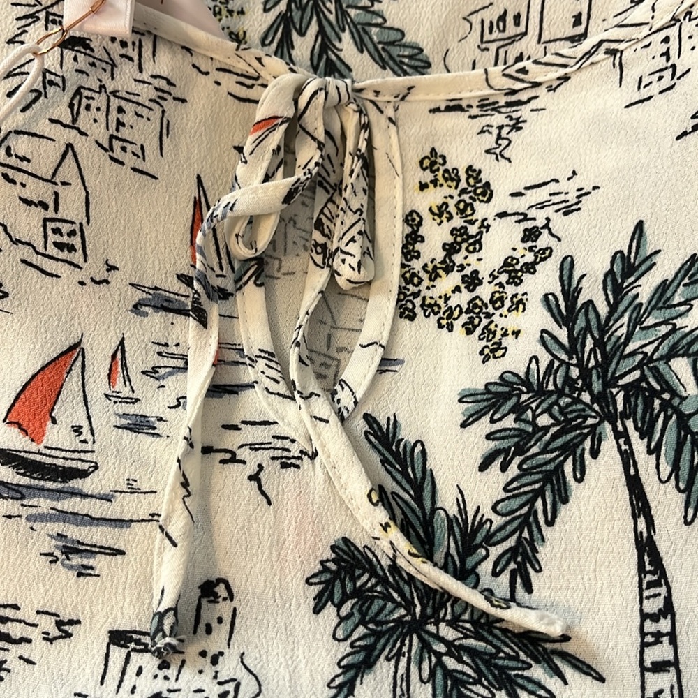 NWT LC Lauren Conrad NAUTICAL TROPICS PRINT TIE BACK TEE TOP BLOUSE Large SS - Picture 5 of 7